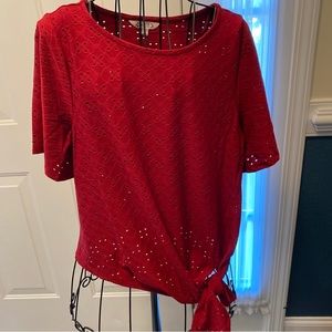 NWOT Nanette Lepore Women Eyelet Deep Red Dress Shirt Extra Small XS Side Tie